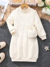 1pc Girls Long Sleeve Turtleneck Solid Color Knee-Length Sweater Dress With Purse